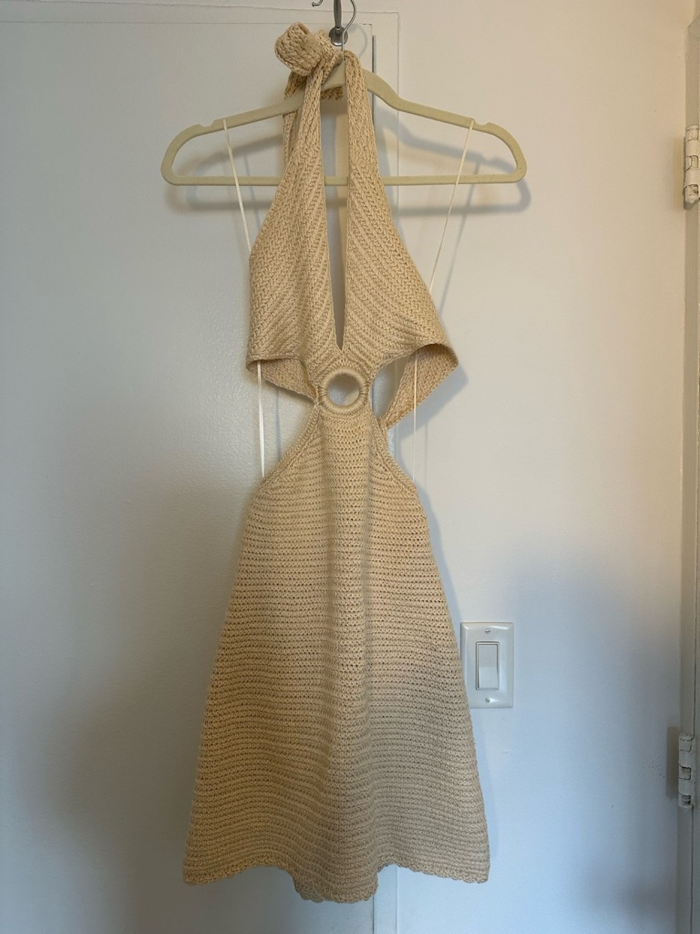 Elan Cream Crochet Halter Ring Mini Dress